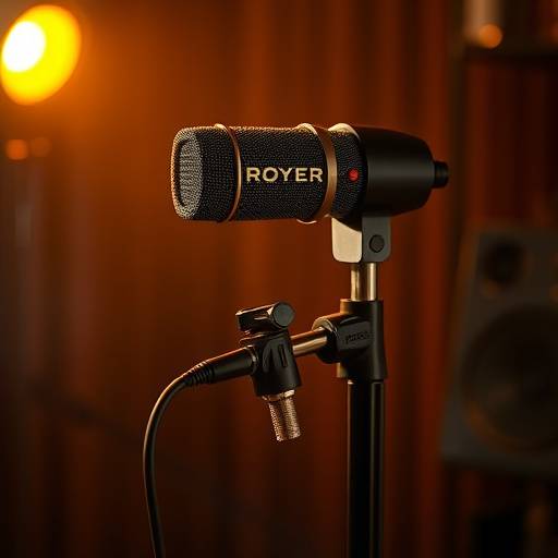 A Royer R-121 ribbon microphone on a stand.