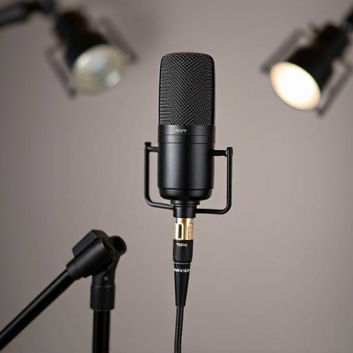 A Shure SM7B dynamic microphone on a boom arm.