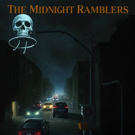 Album cover for 'Echoes in the Night' by The Midnight Ramblers, showcasing a dark cityscape.