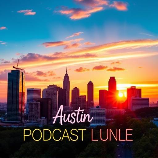 Podcast cover for 'The Austin Music Scene,' showing various musical instruments and a vibrant skyline representing the diverse musical talent in Austin.